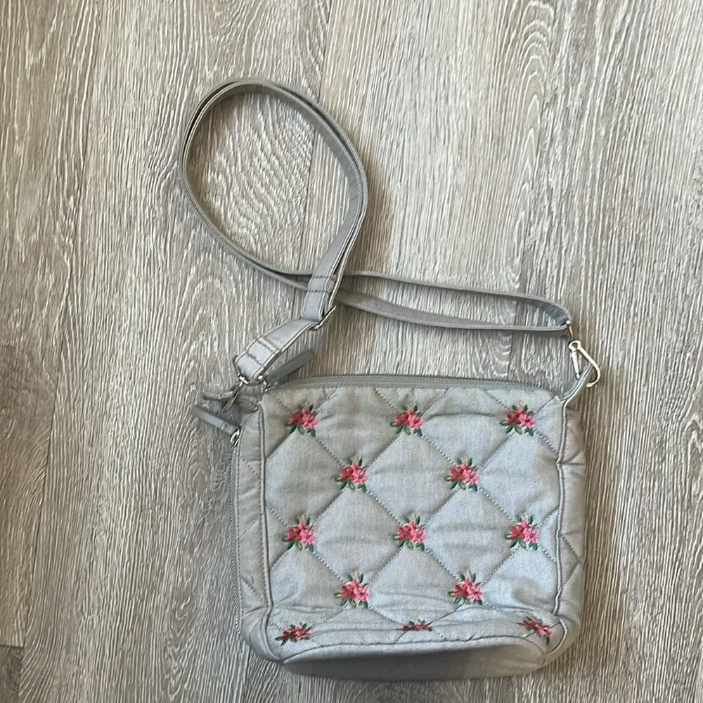 Vera Bradley Carson Hobo Bag in Denim Gray Floral Design, Red And Pink Flowers